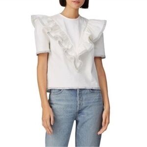 Saylor Anthropologie Harriette White Denim Ruffle Short Sleeve Top Size Small